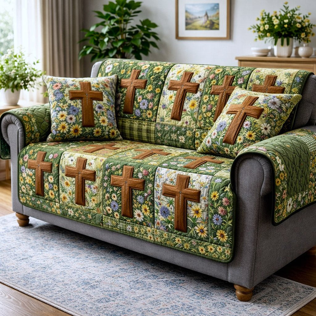 Crosses on Green Plaid Squares Sofa Cover