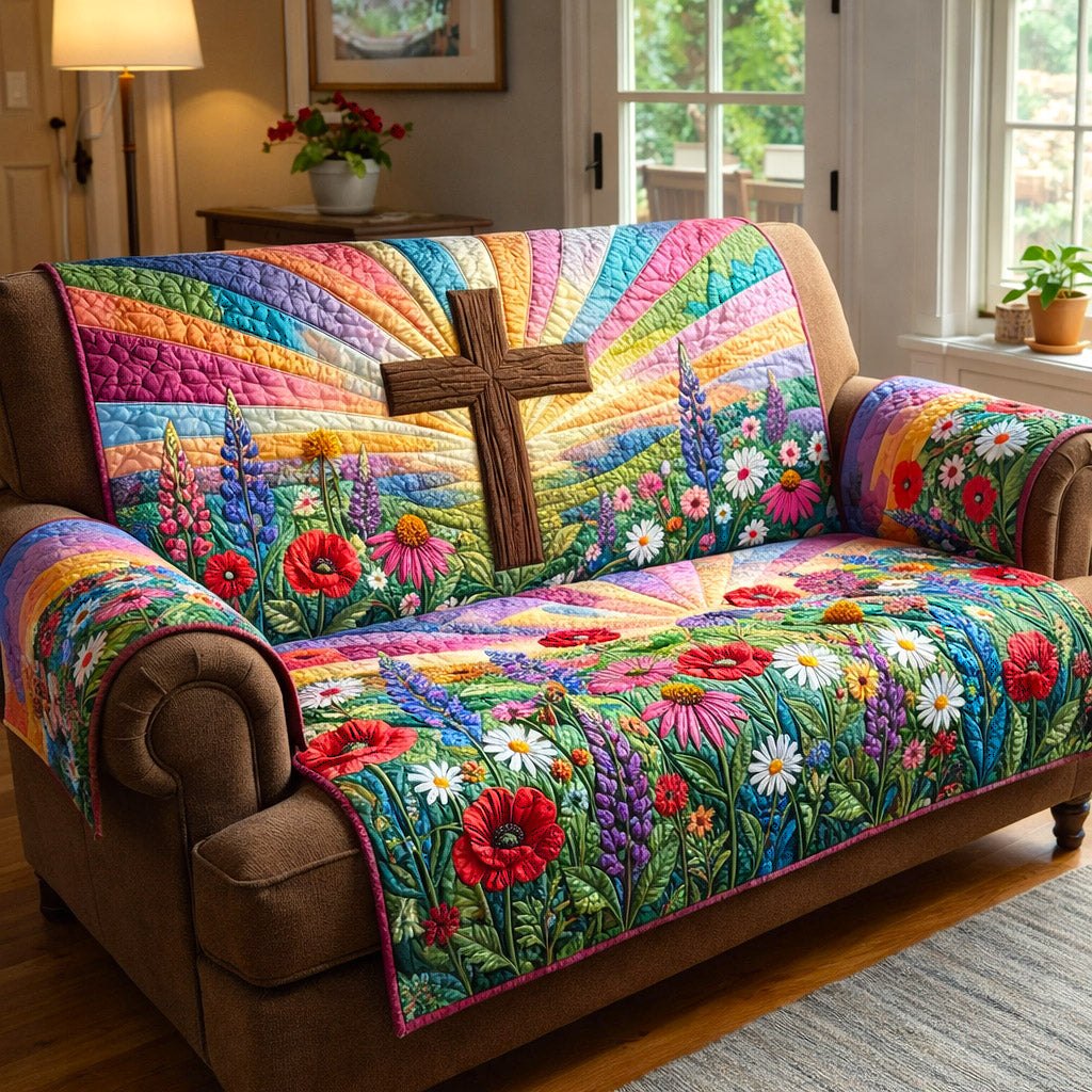 Cross Among Sunrise Wildflowers Sofa Cover