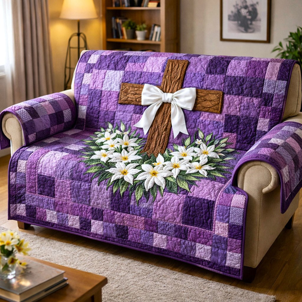White Lilies and Cross on Purple Sofa Cover
