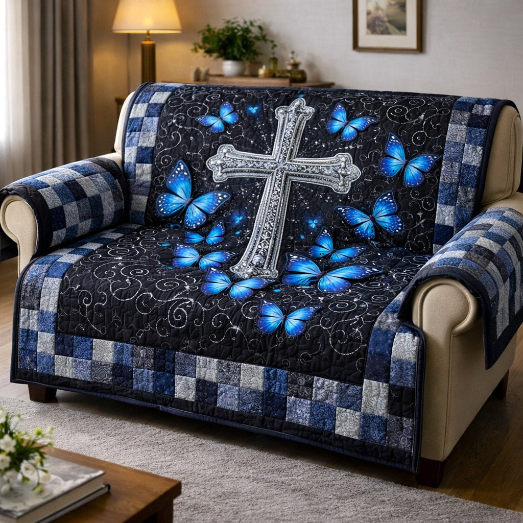 Cross with Blue Butterflies on Navy Sofa Cover