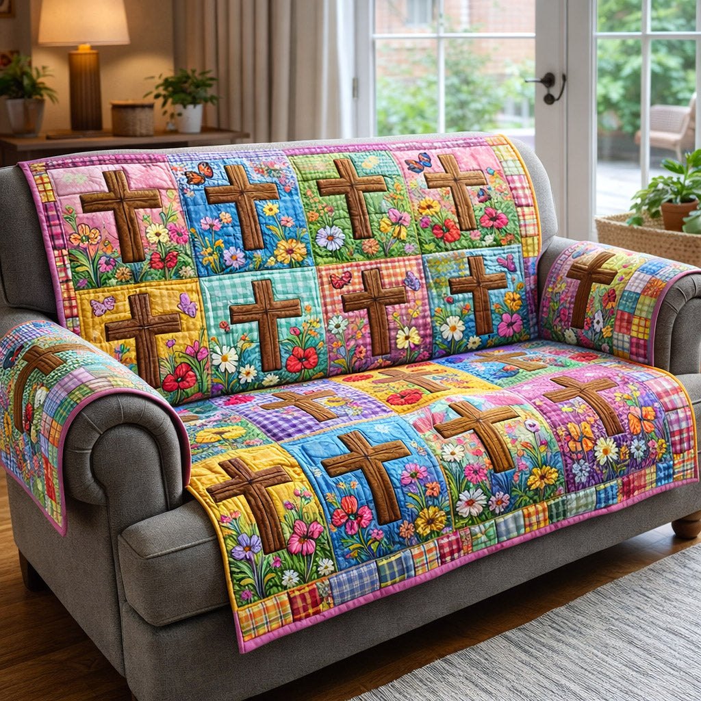 Crosses on Bright Pastel Patchwork Sofa Cover