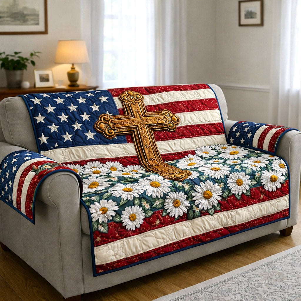 Golden Cross on Flag with Daisies Sofa Cover