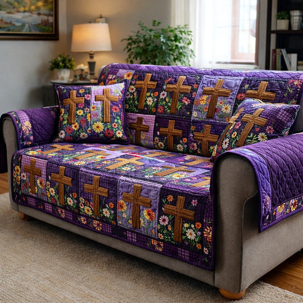 Crosses on Purple and Gold Patches Sofa Cover