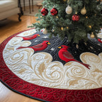 Cardinals Above the Red Swirl Border Christmas Tree Skirt