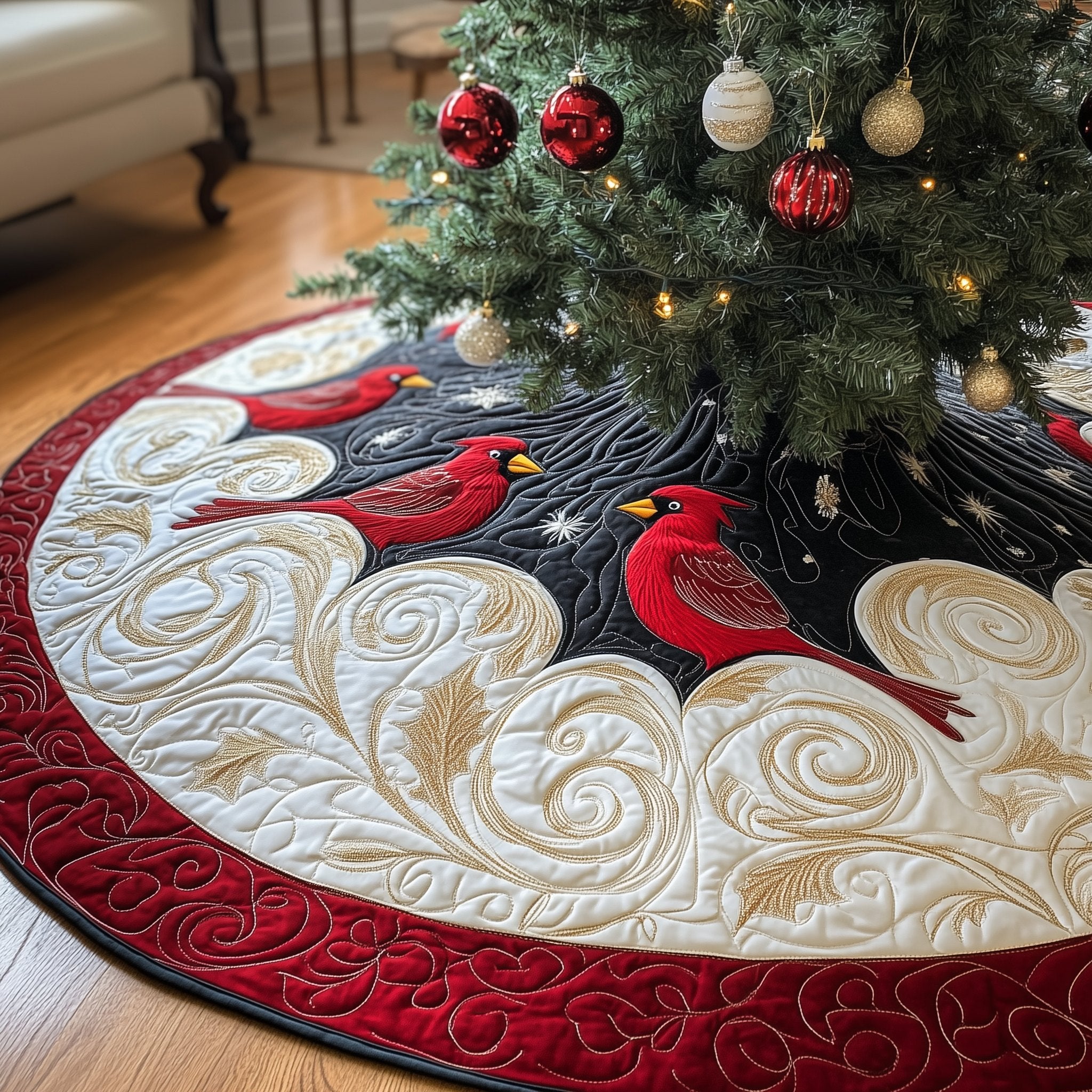 Cardinals Above the Red Swirl Border Christmas Tree Skirt