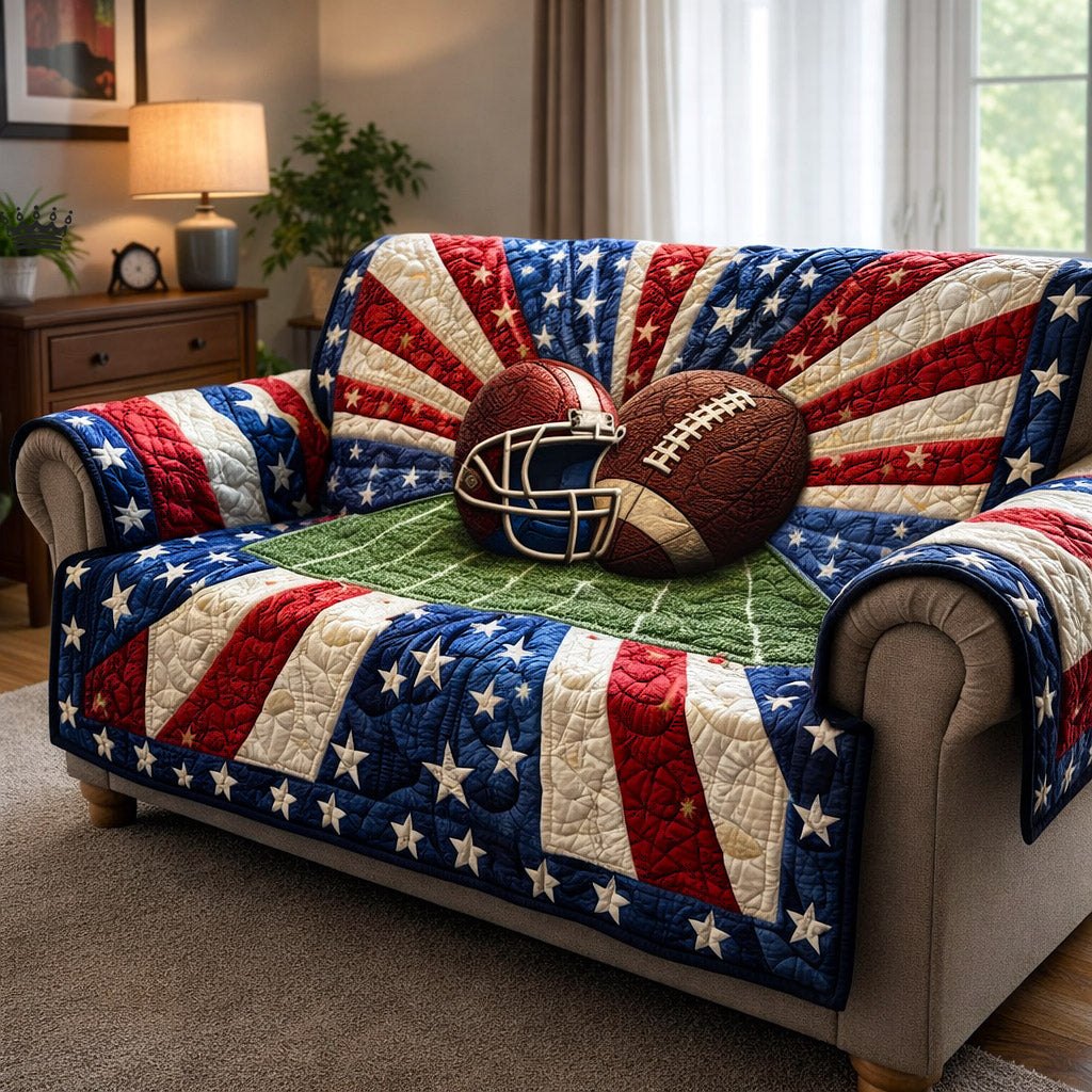 Football and Helmet on Flag Sunburst Sofa Cover