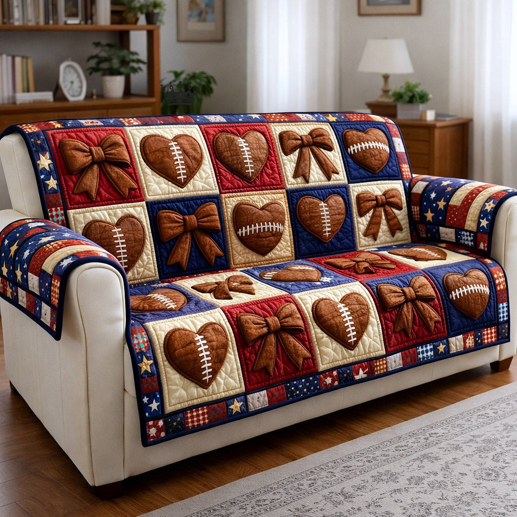 Footballs and Bows on Patriotic Squares Sofa Cover