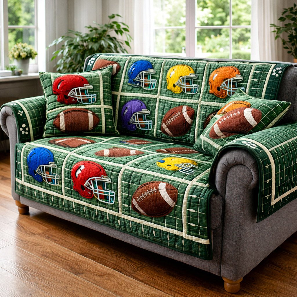 Helmets and Footballs on the Green Field Sofa Cover