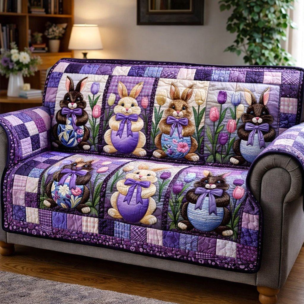 Bunnies and Eggs on Purple Patches Sofa Cover