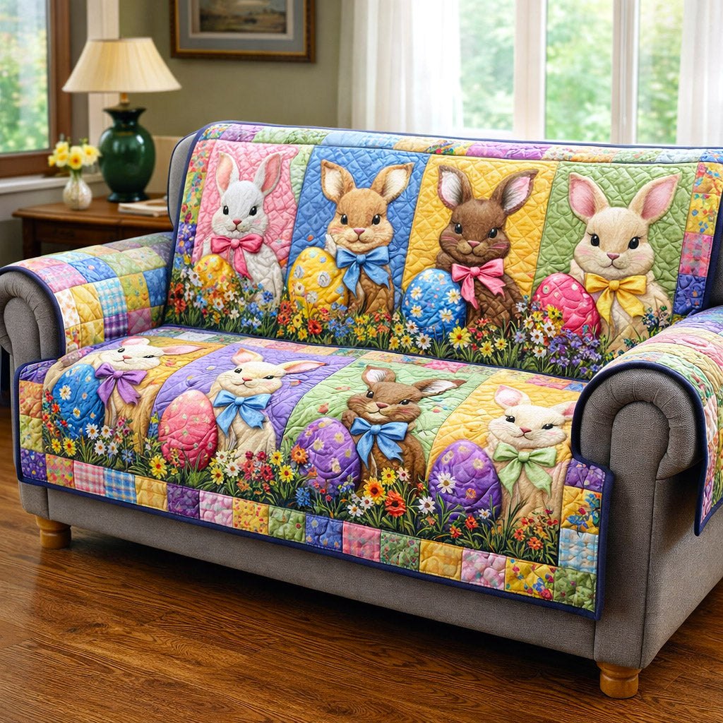 Bunnies with Eggs on Pastel Patches Sofa Cover