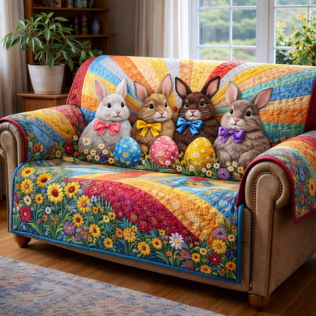 Bunnies with Bows Above Rainbow Fields Sofa Cover