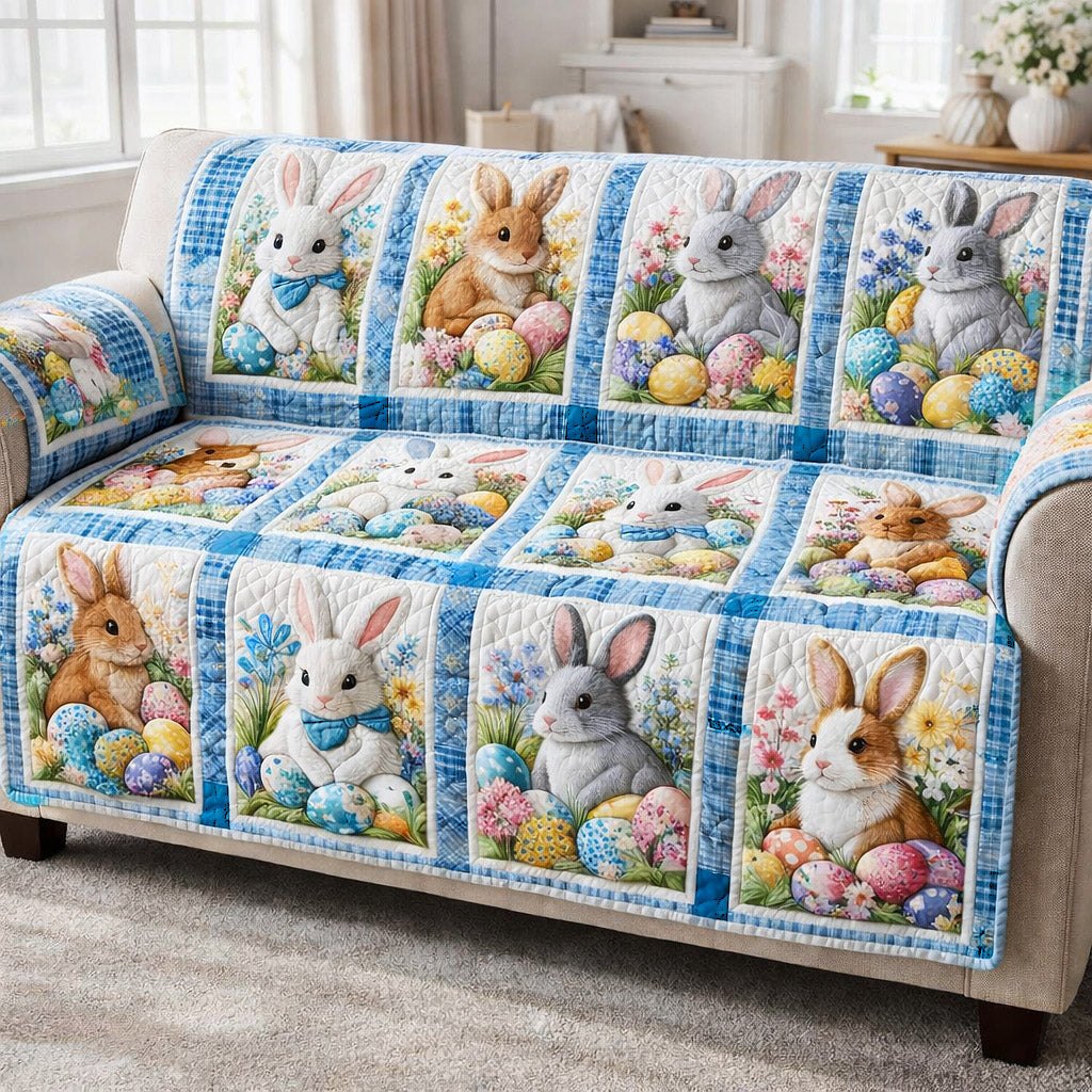 Bunnies and Eggs on Blue and White Sofa Cover