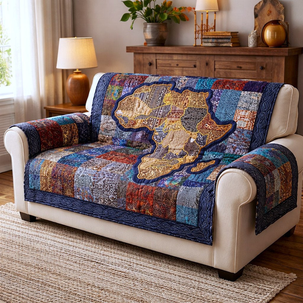 Africa Map on Blue Patchwork Sofa Cover