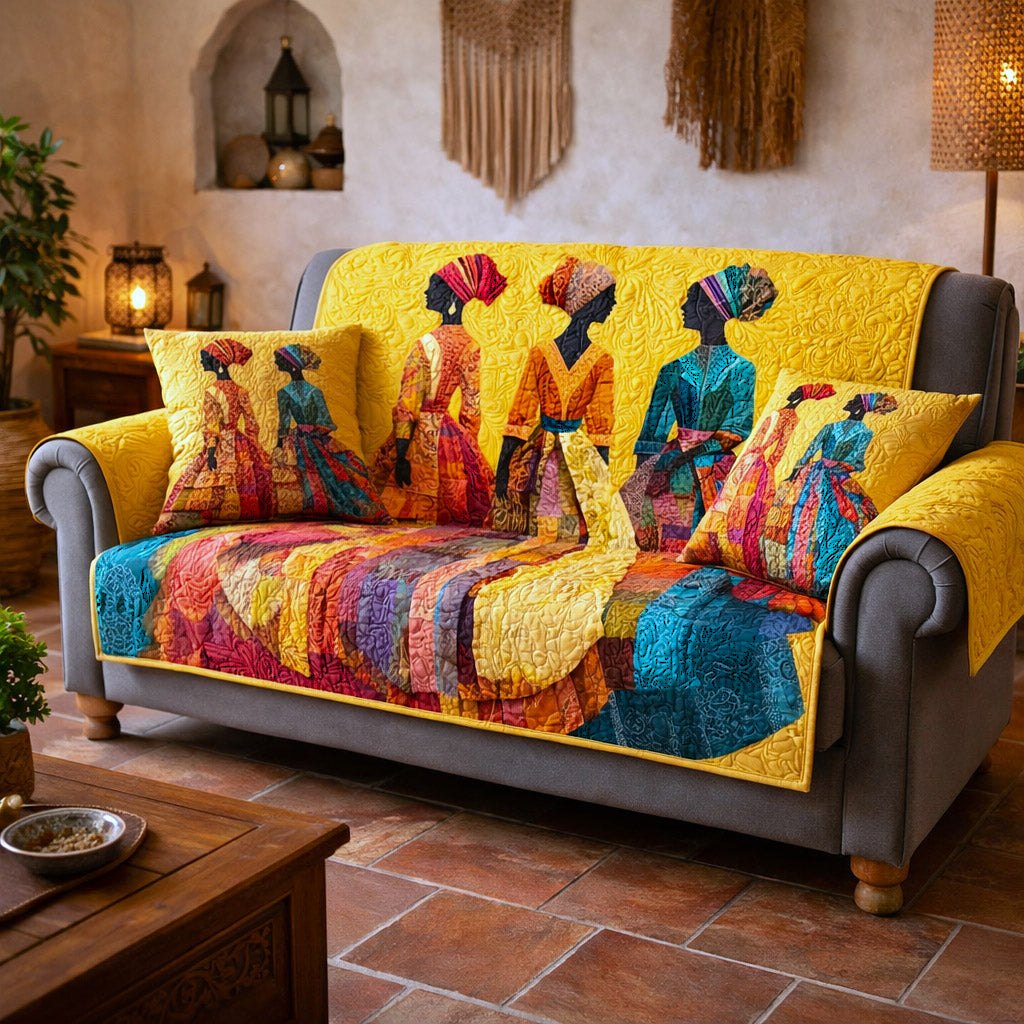 Women in Headwraps on Golden Yellow Sofa Cover