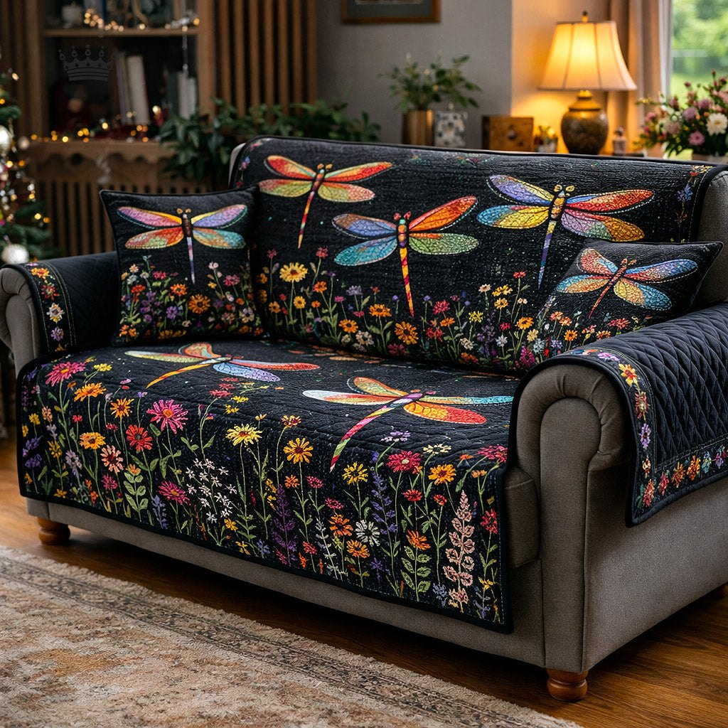 Dragonflies Over Wildflowers on Black Sofa Cover