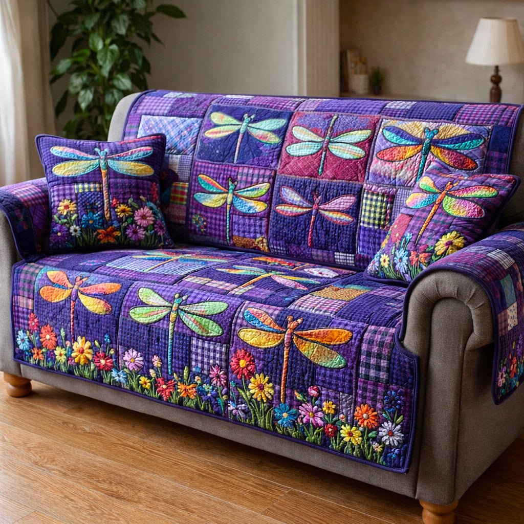 Dragonflies on Purple Squares with Flowers Sofa Cover