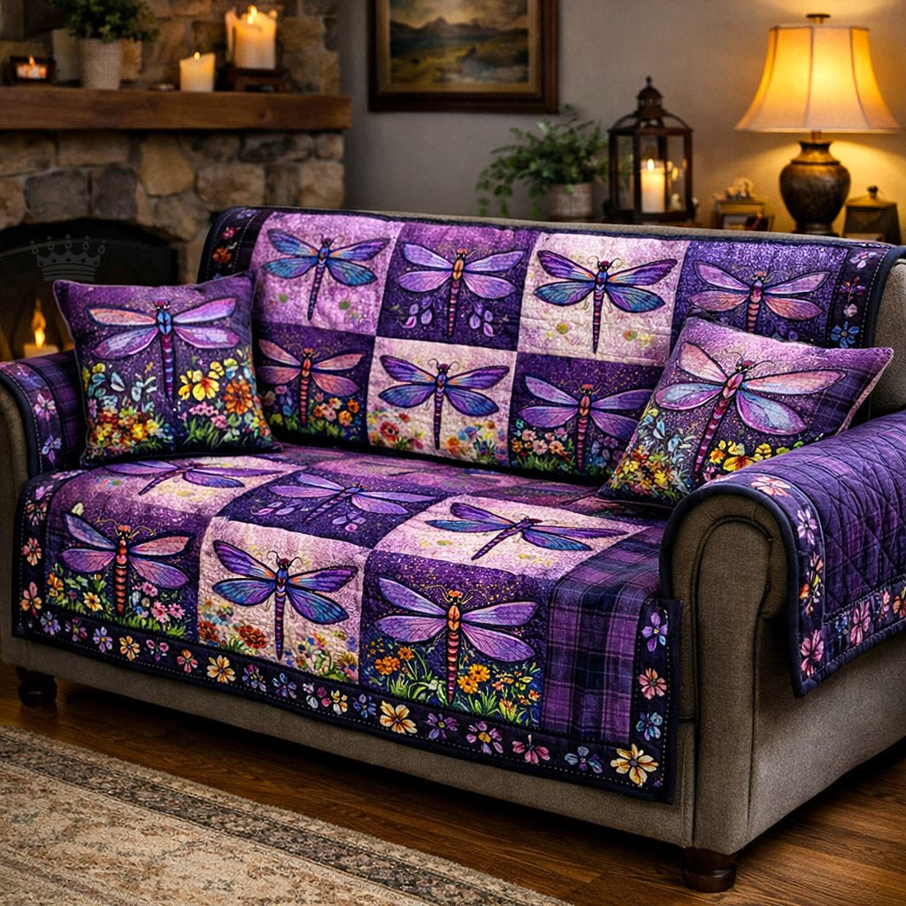 Dragonflies on Purple Plaid Patches Sofa Cover