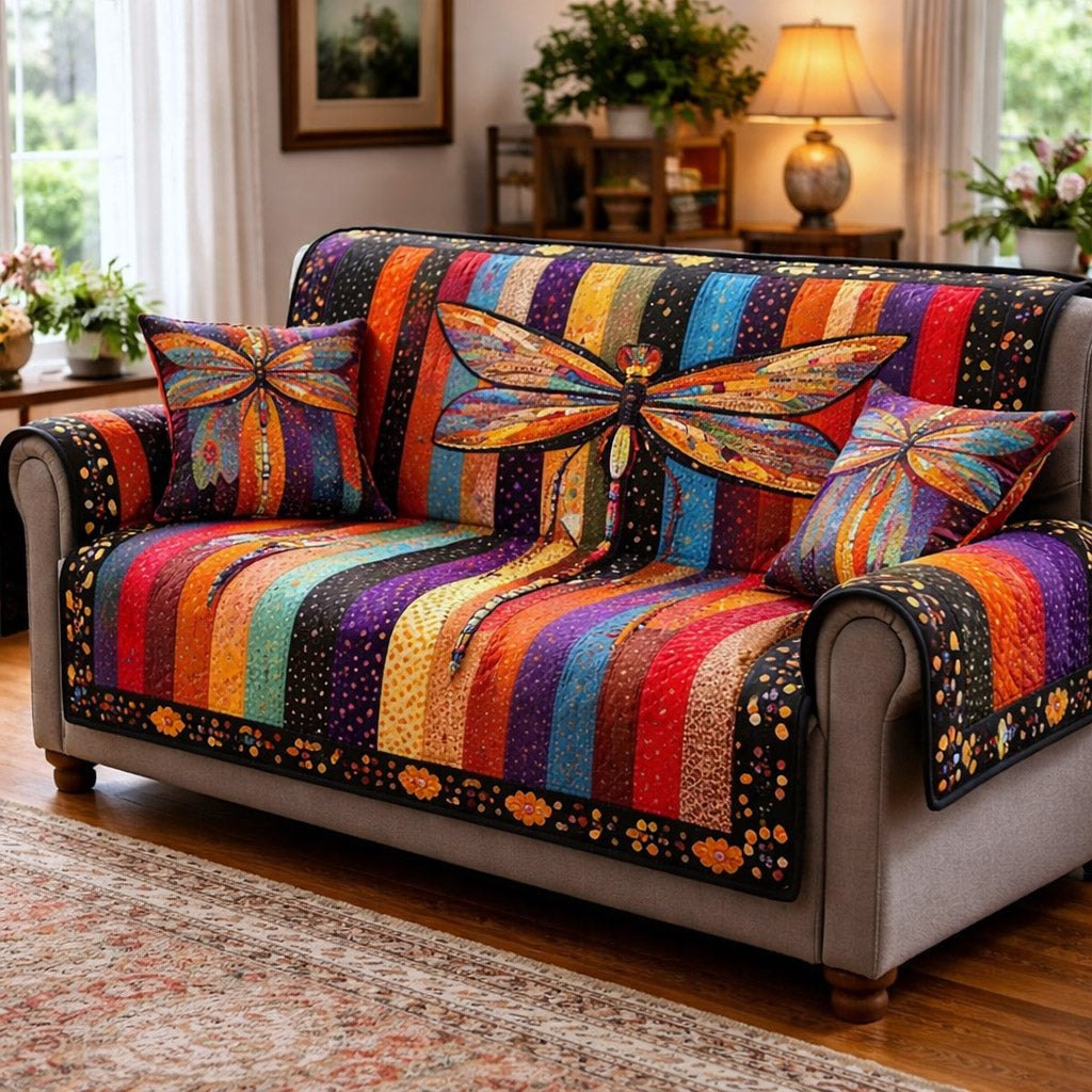 Dragonfly on Autumn Striped Patchwork Sofa Cover
