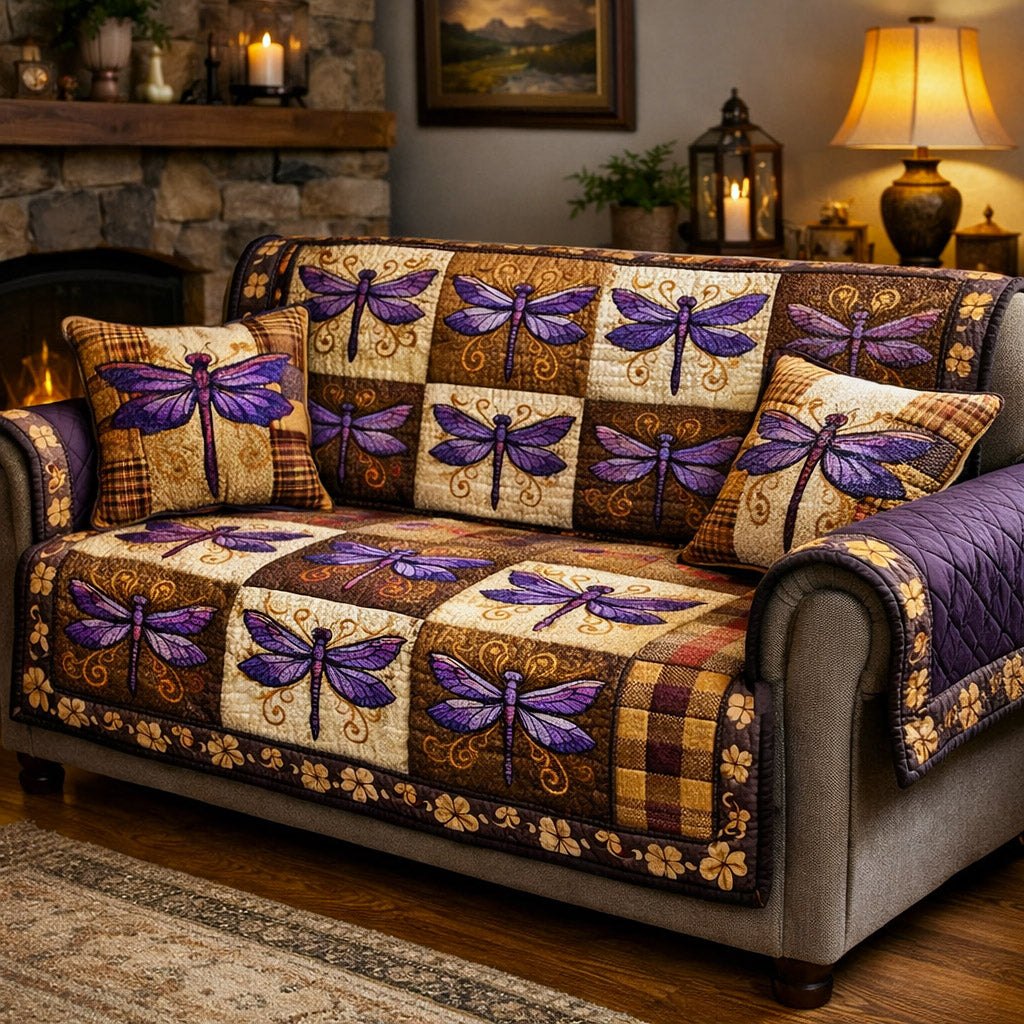 Dragonflies on Tan and Purple Checks Sofa Cover