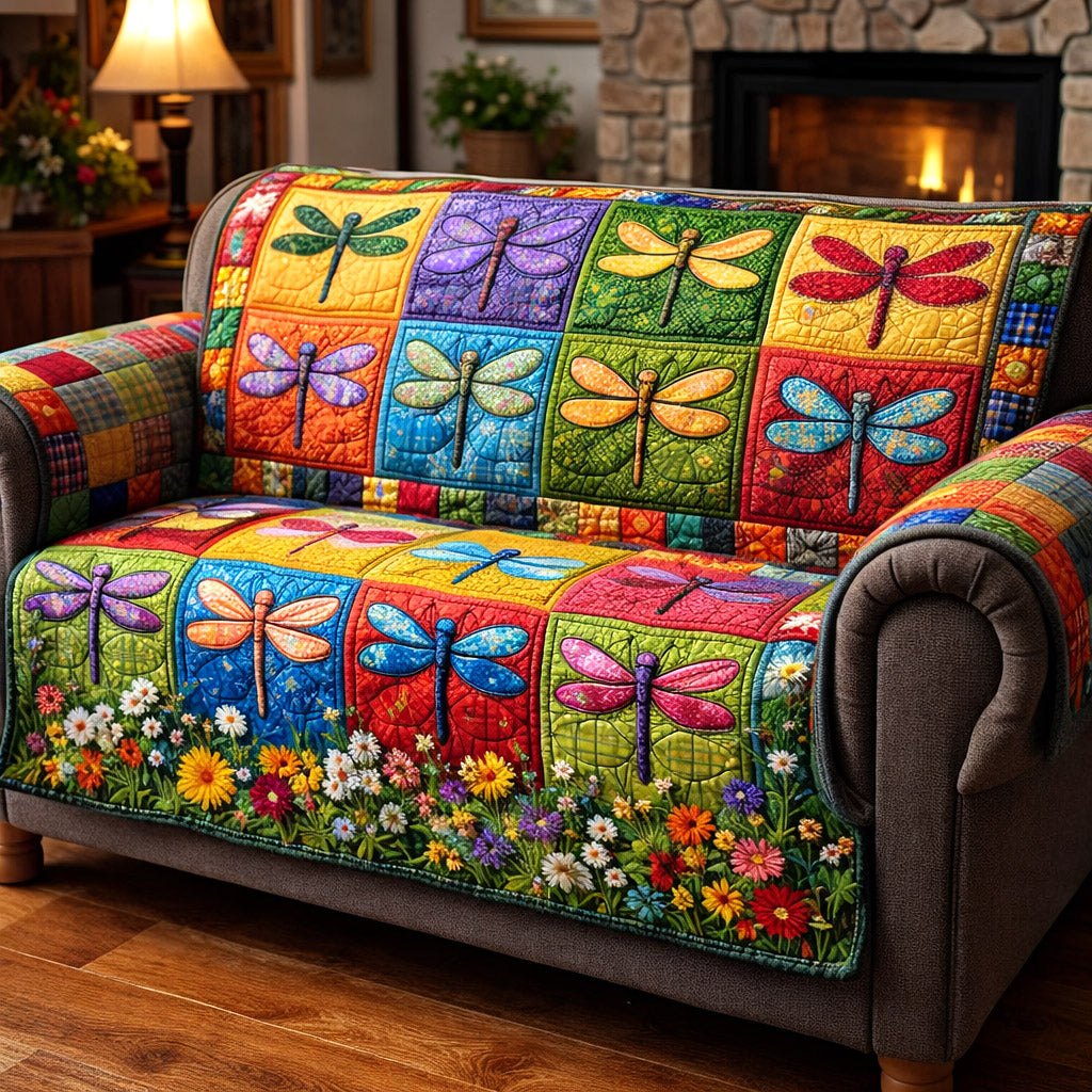 Dragonflies on Bright Color Squares Sofa Cover