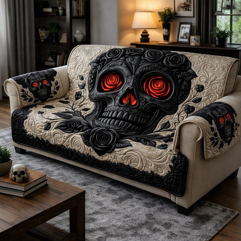 Skull with Red Eyes and Black Roses Sofa Cover