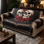 Skulls with Red Roses on Black Sofa Cover