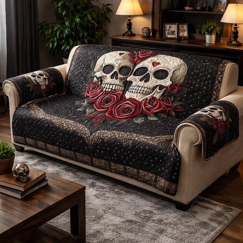 Skulls with Red Roses on Black Sofa Cover