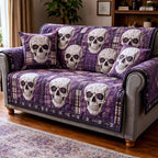 Skulls on Purple Plaid Patchwork Sofa Cover