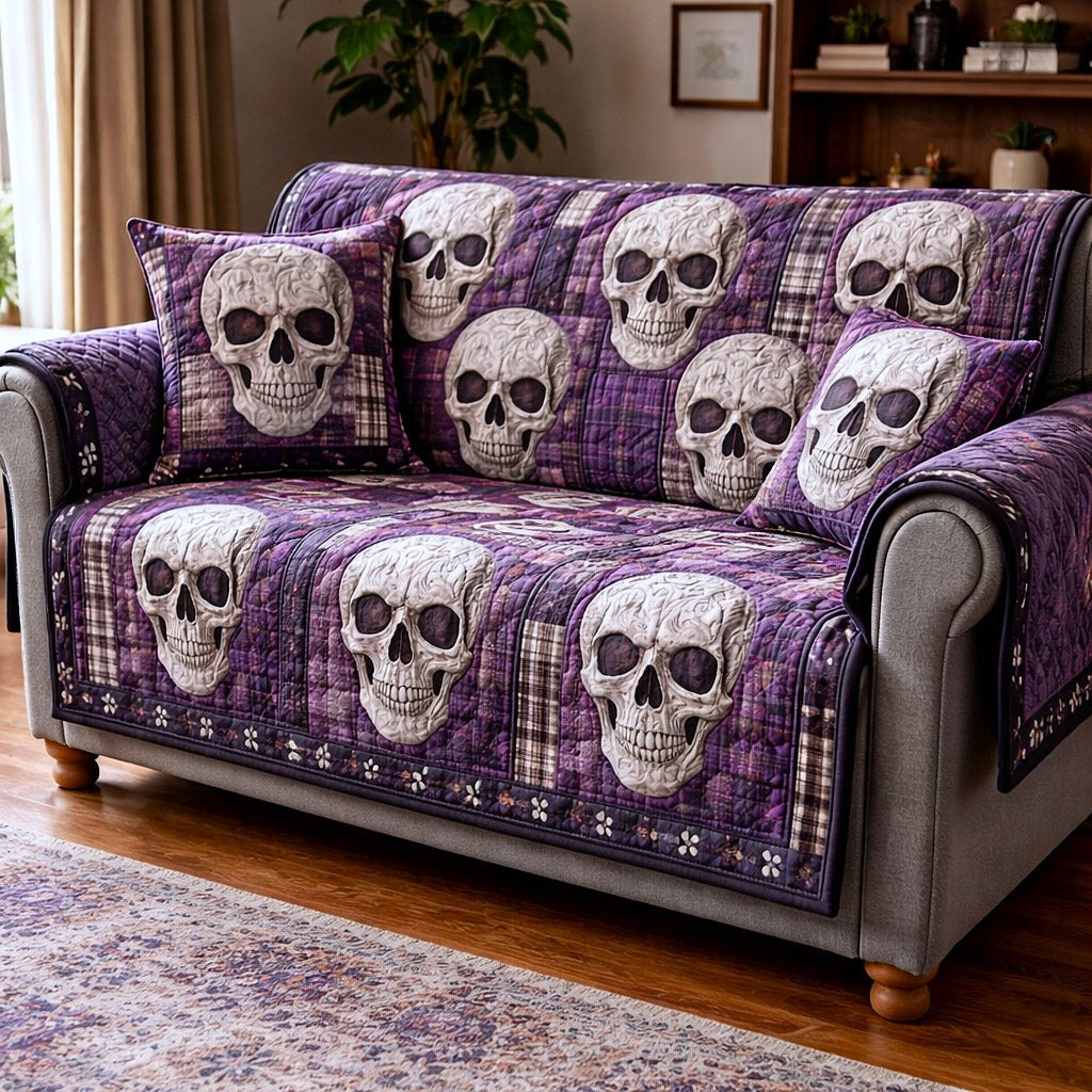 Skulls on Purple Plaid Patchwork Sofa Cover