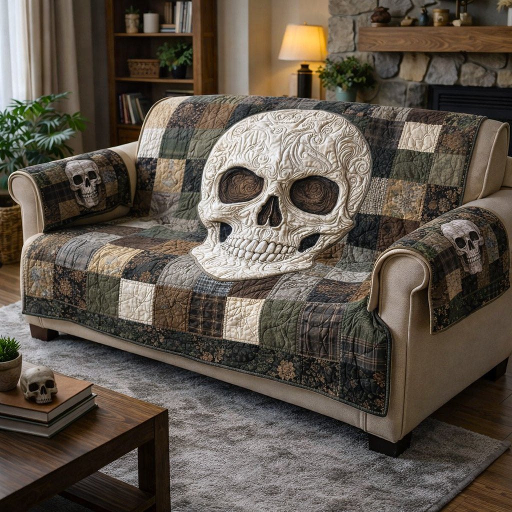 Large Skull on Olive Checkerboard Sofa Cover