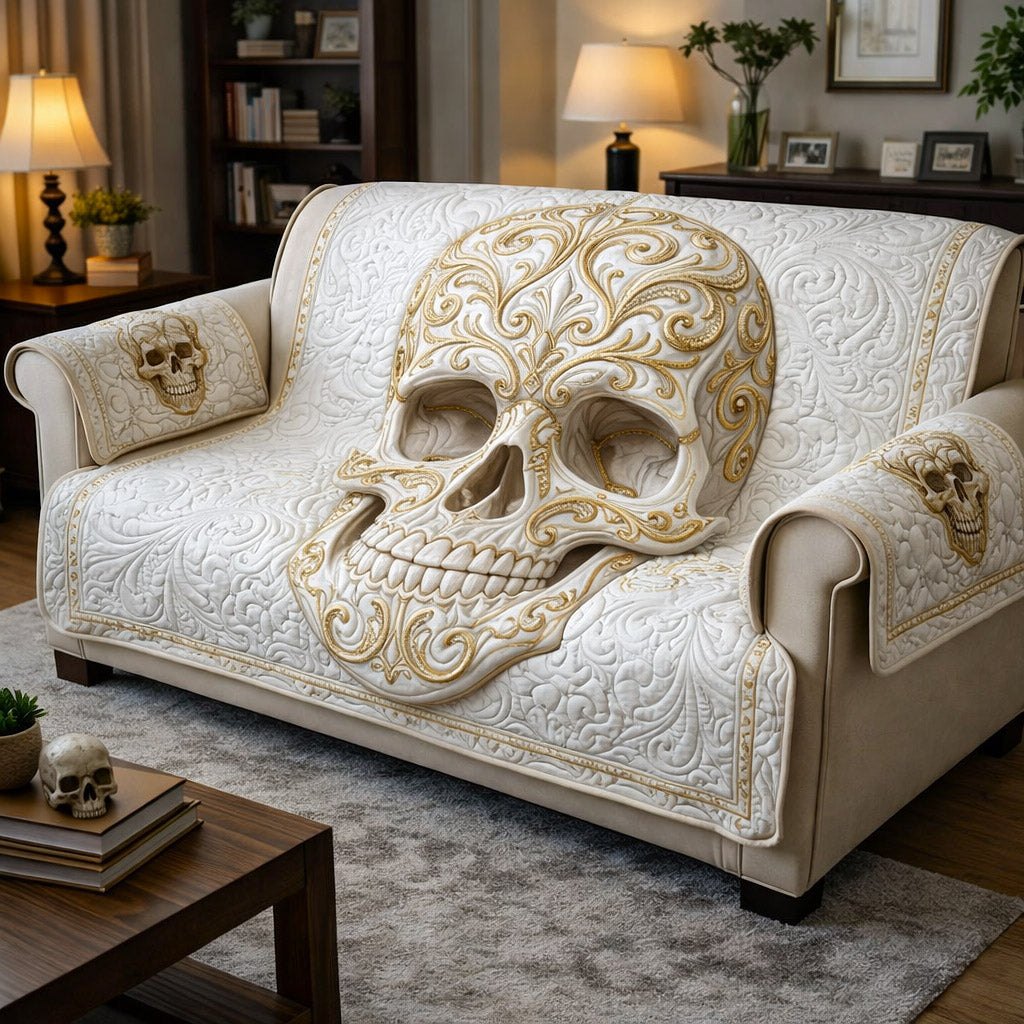 Ivory Skull with Carved Scrollwork Sofa Cover