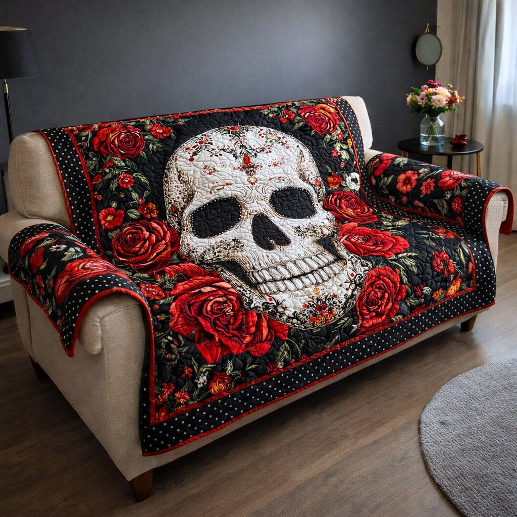 Skull Wreathed in Red Roses Sofa Cover