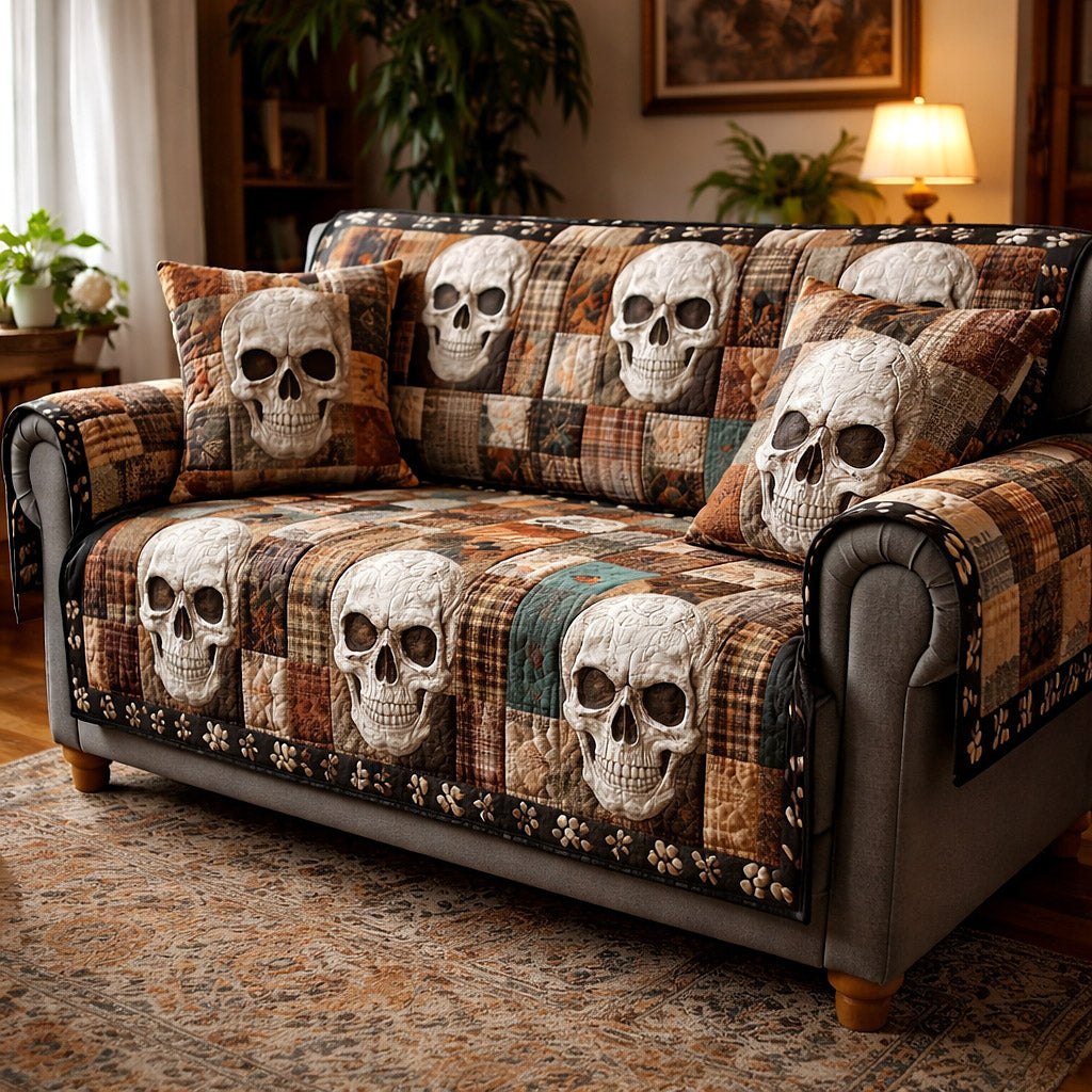 Skulls on Brown and Cream Patches Sofa Cover