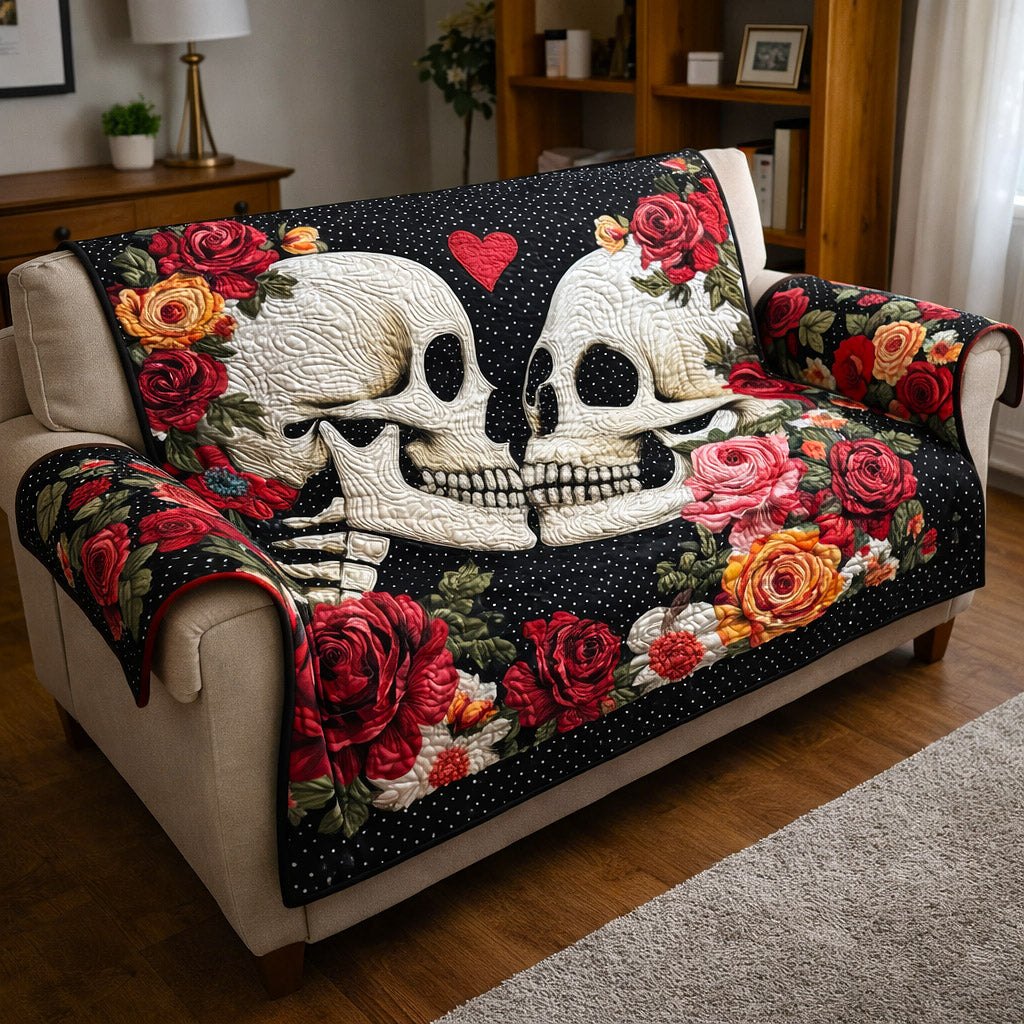 Skull with Roses on Cream Quilt Sofa Cover