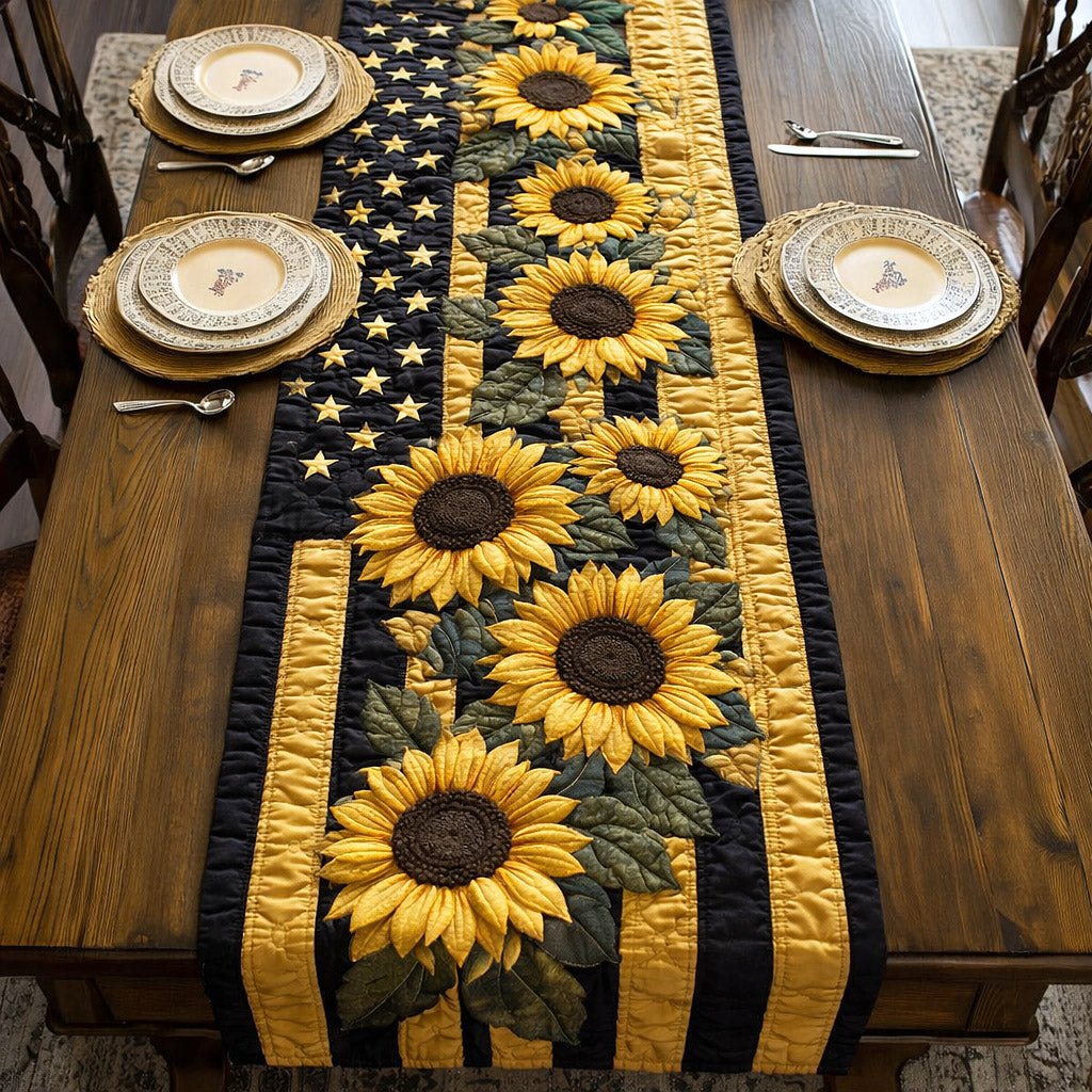 Sunflowers on Gold with Black Stripes Table Runner