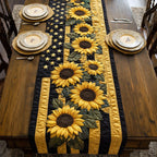 Sunflowers on Gold with Black Stripes Table Runner