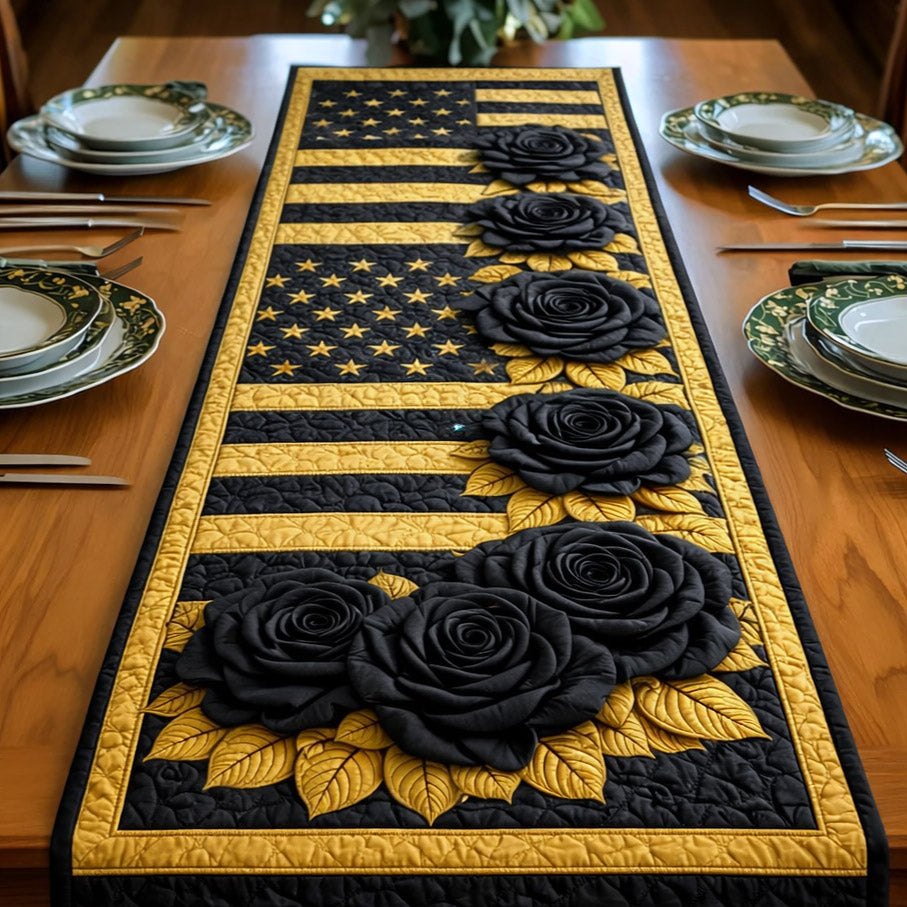 Black Roses on Gold Flag Stripes Table Runner