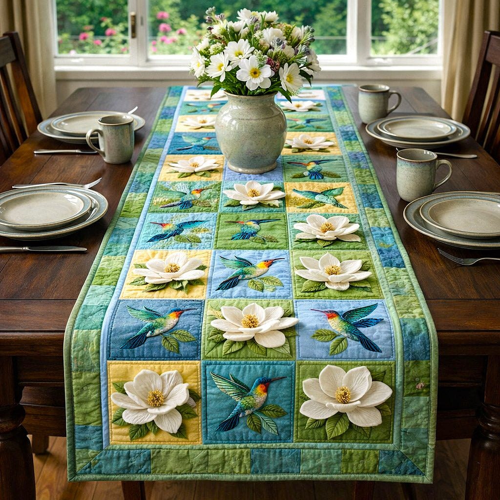 Magnolias and Birds in Green Blocks Table Runner