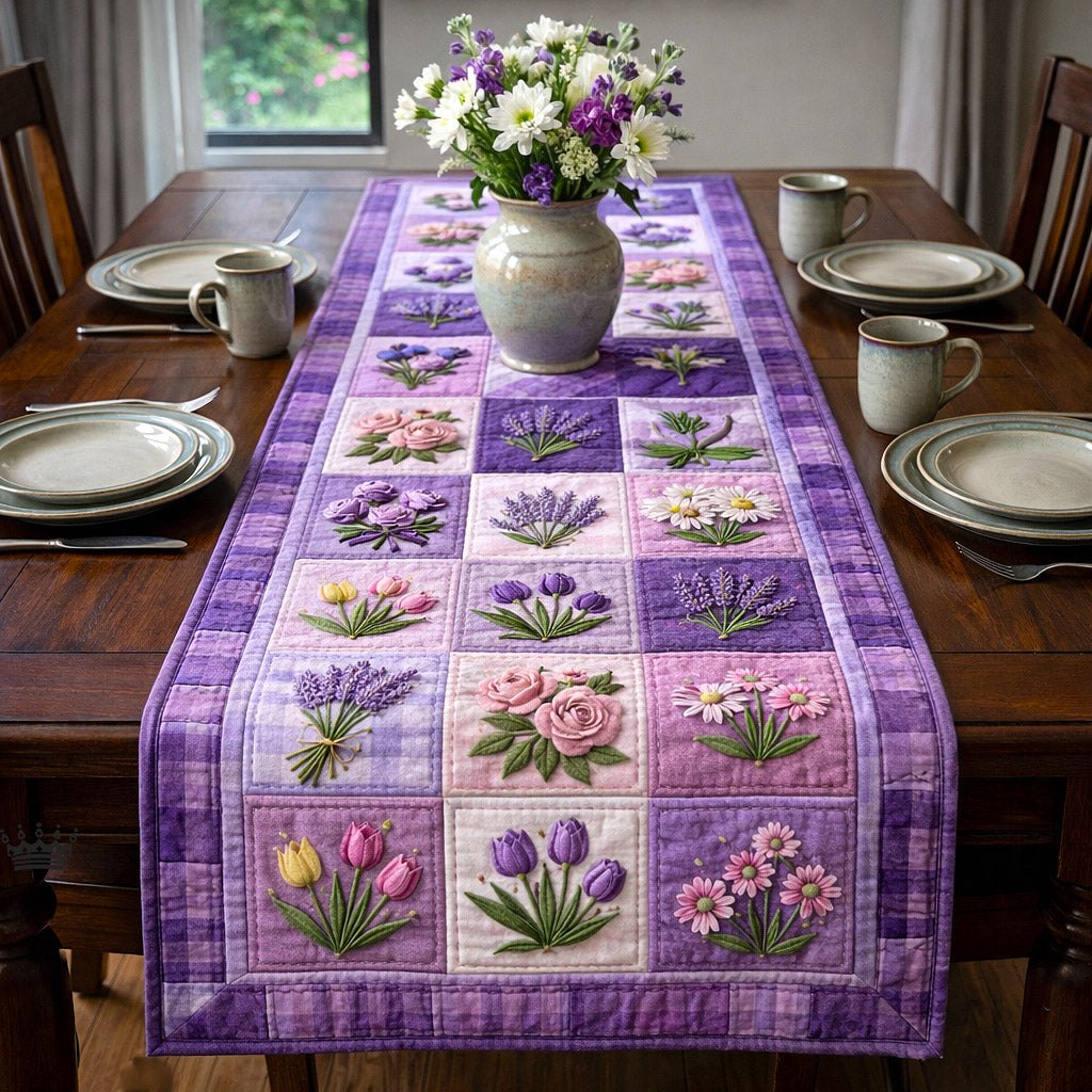 Purple Flower Quilt Blocks Table Runner