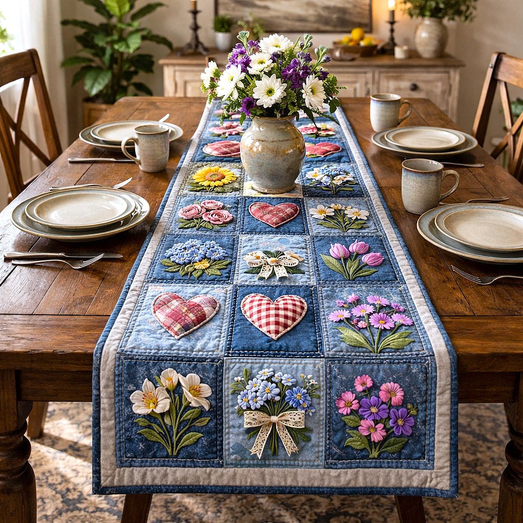 Blue Blocks with Flowers and Hearts Table Runner