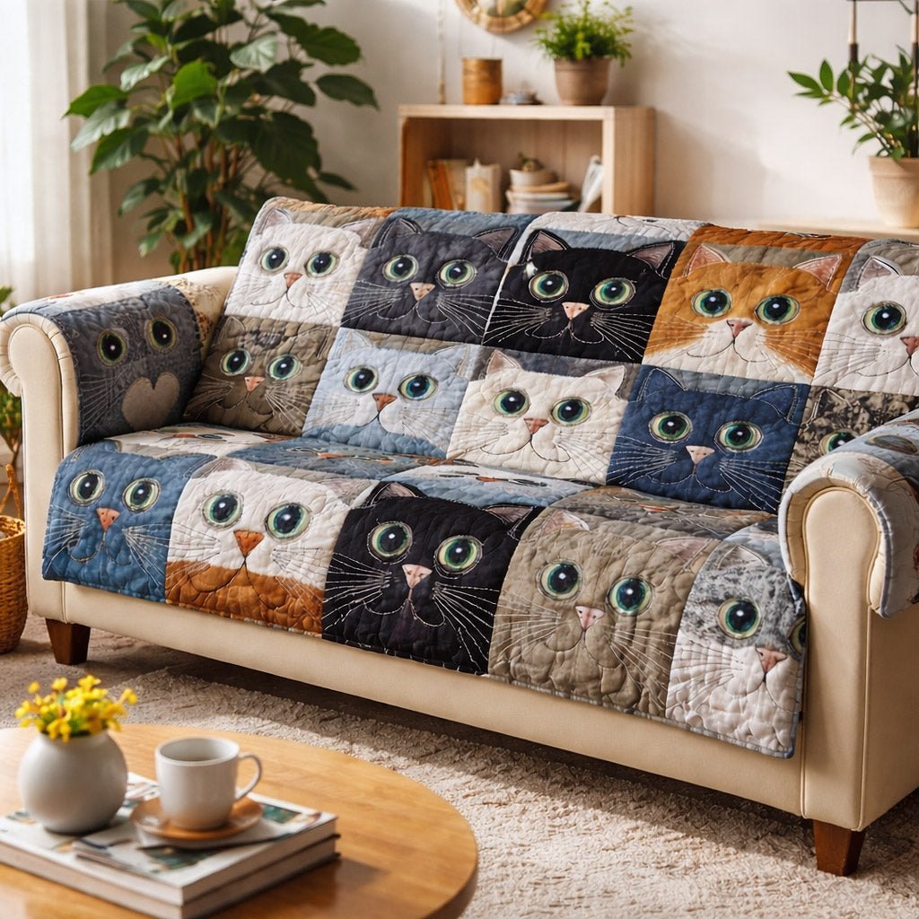 Cat Faces on Grey and Blue Squares Sofa Cover