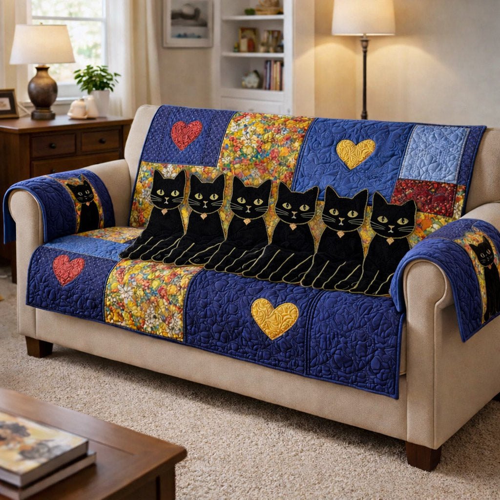 Black Cats on Navy with Gold Heart Sofa Cover