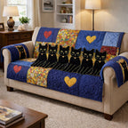 Black Cats on Navy with Gold Heart Sofa Cover