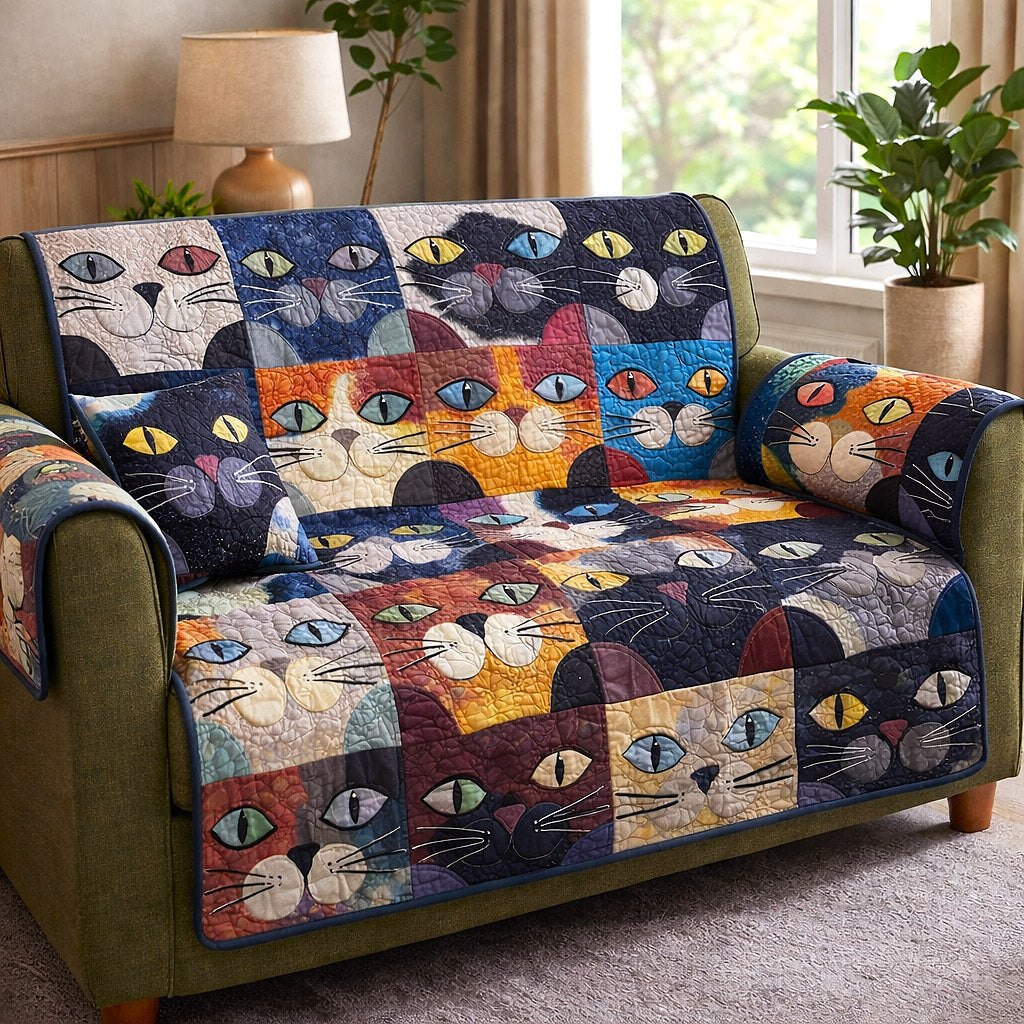 Colorful Cat Faces on Patchwork Sofa Cover