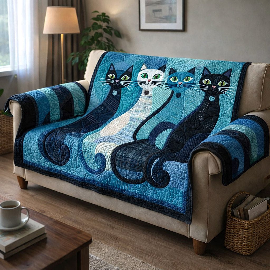 Blue Cats on Cool Blue Quilt Sofa Cover