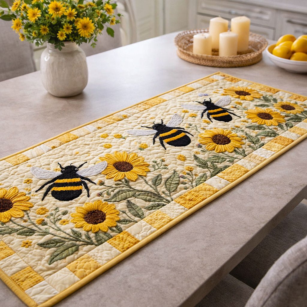 Bee with Sunflowers on Gold Table Runner