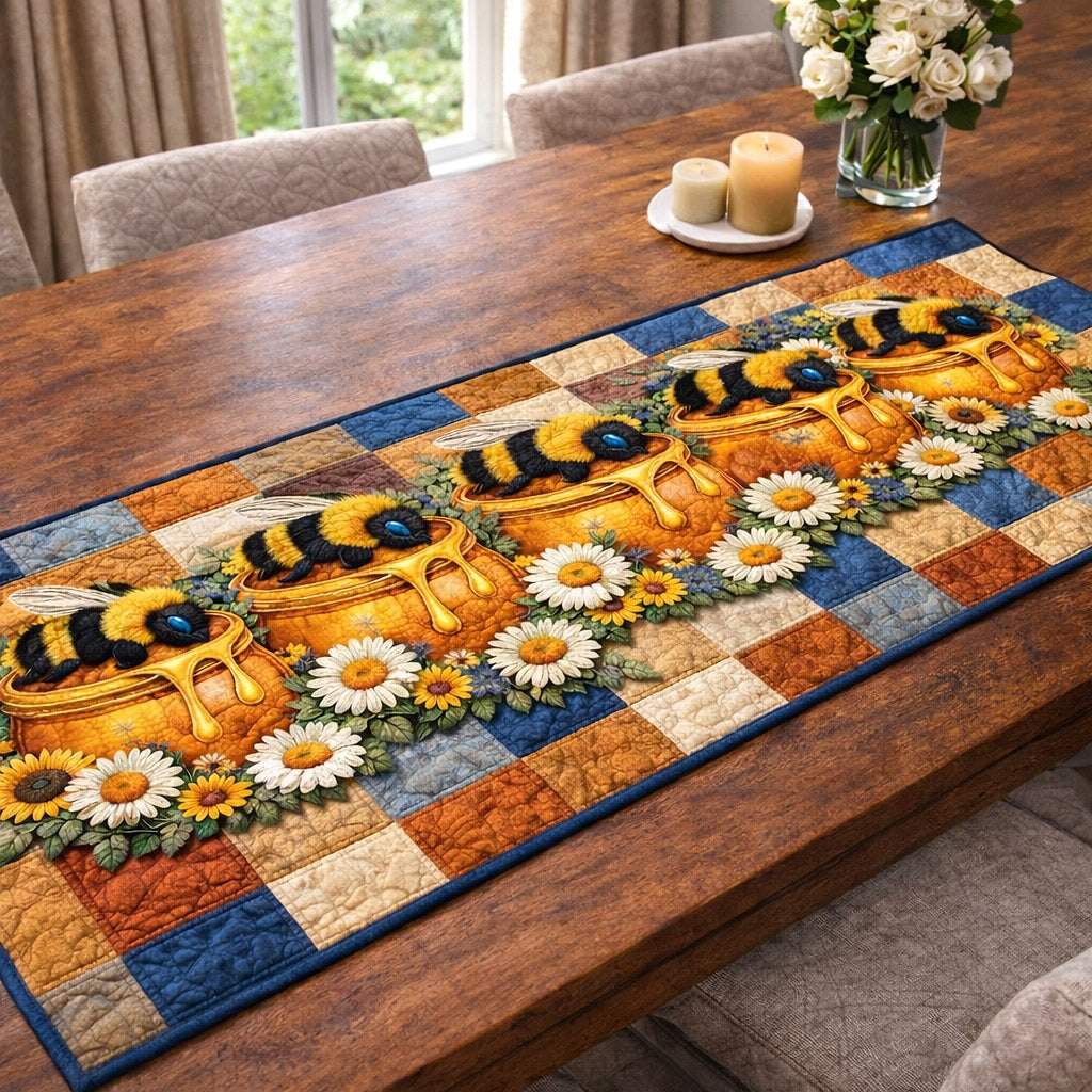 Bees with Daisies and Honey Jars Table Runner