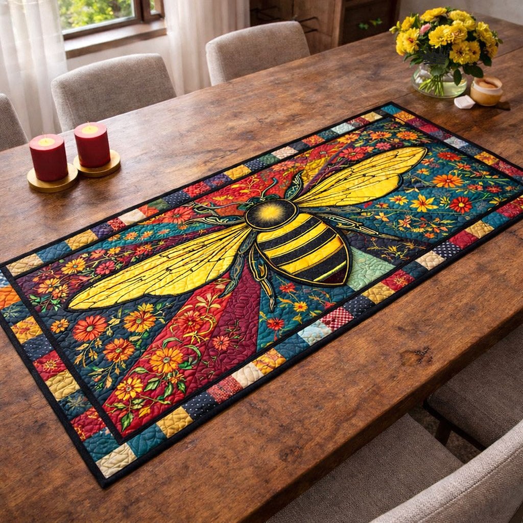 Big Bee in a Stained Glass Garden Table Runner