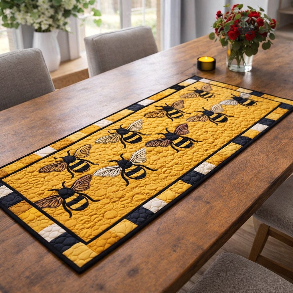 Bees on a Golden Honeycomb Panel Table Runner