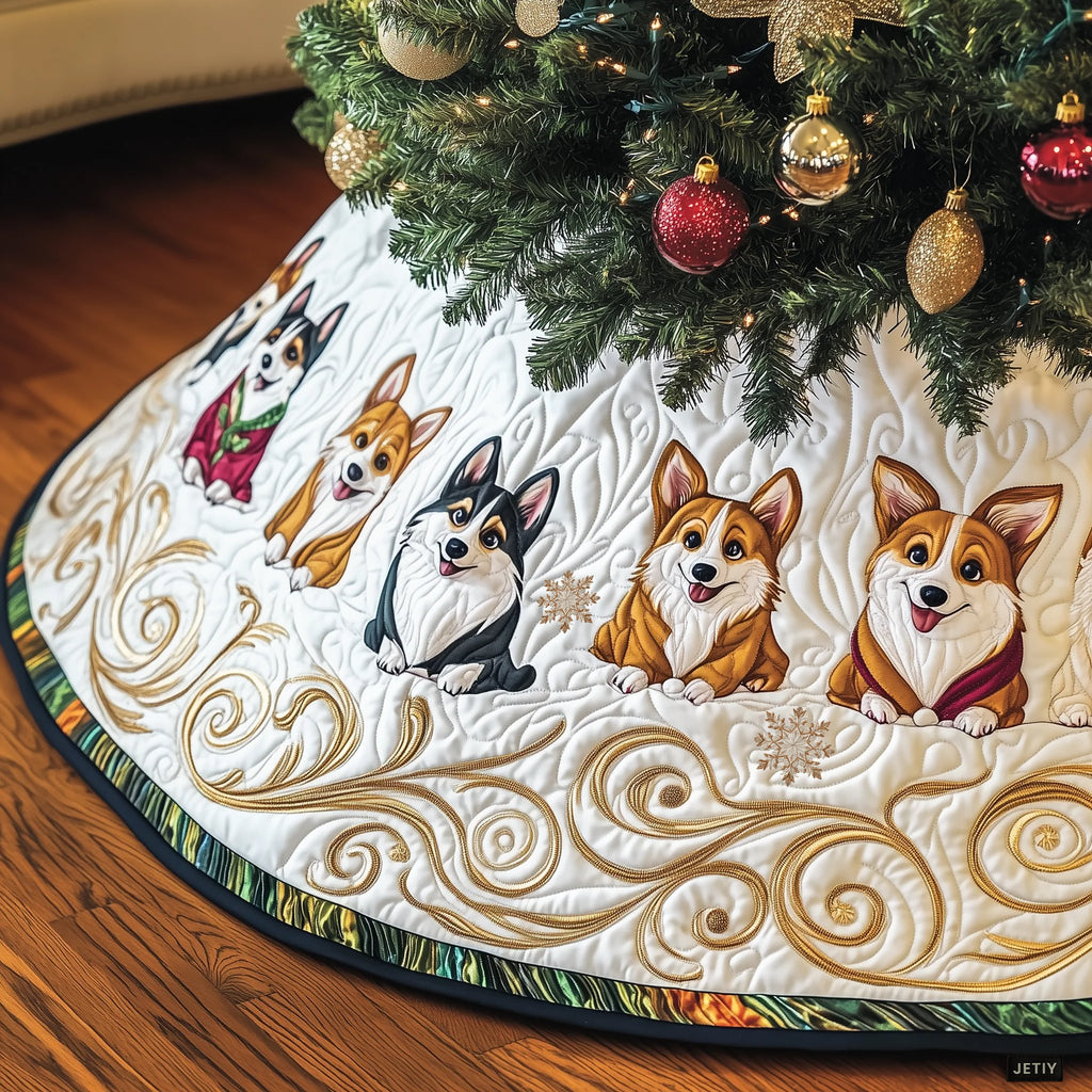 Corgis with Snowflakes on Cream Christmas Tree Skirt